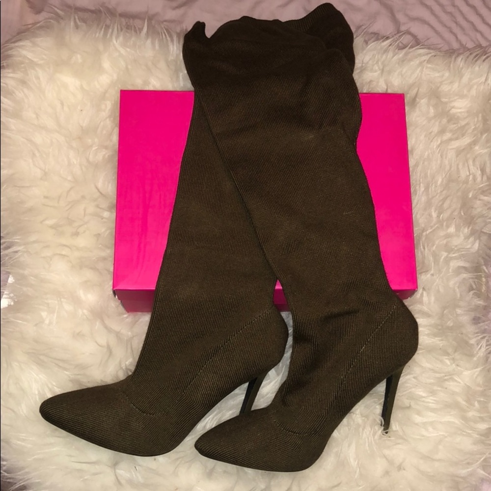 Olive thigh high stretch boots size 8